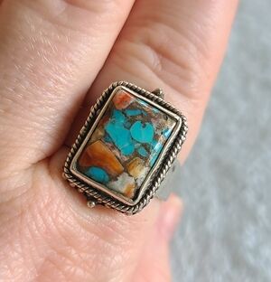 Turquoise and Amber Mosaic Sterling Silver Statement Ring